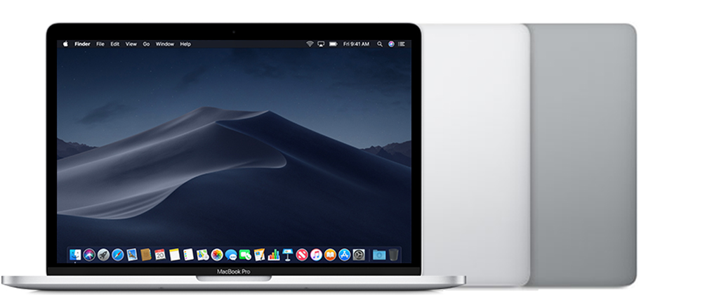 MacBook Pro (13-inch, 2019, Two Thunderbolt 3 ports) in Silver and Space Grey.