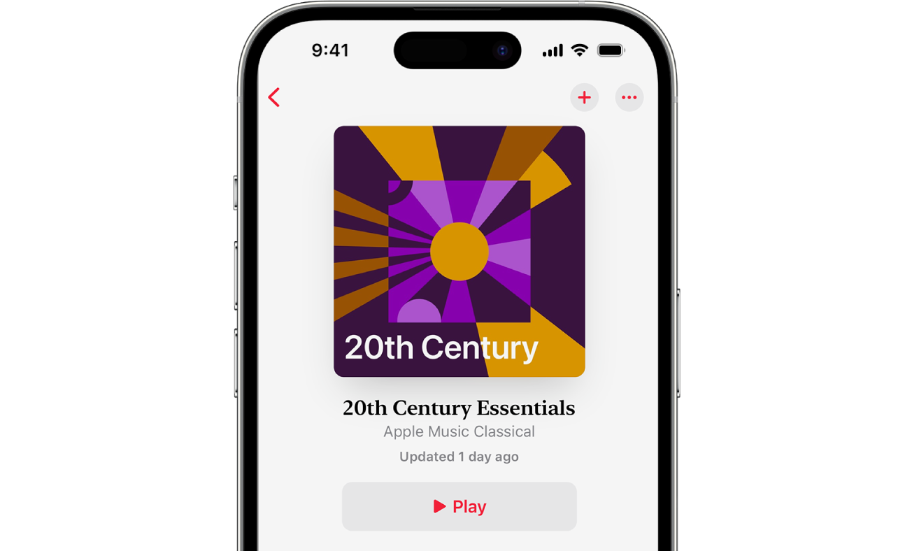 Un iPhone mostrando la ilustración y el título de una playlist, y el botón Reproducir en la app Apple Music Classical.